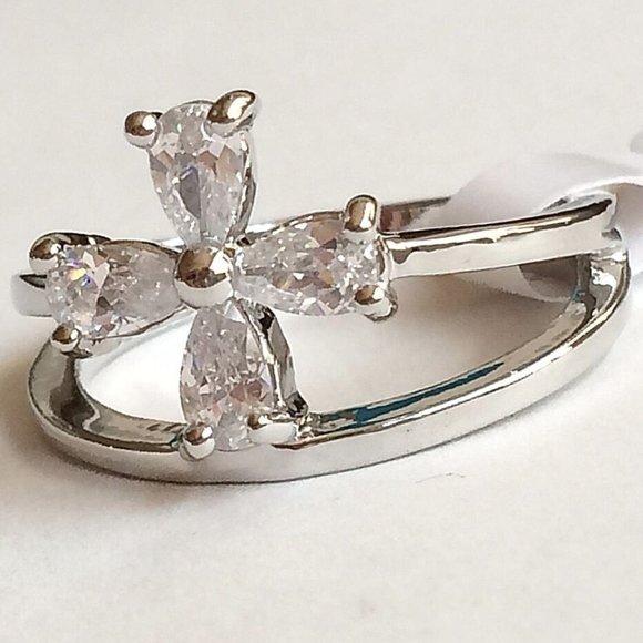 Flower Cocktail Ring Size 9 Cross Pear Cut Cubic Zirconia Silver RhodiumPlated - Picture 10 of 12